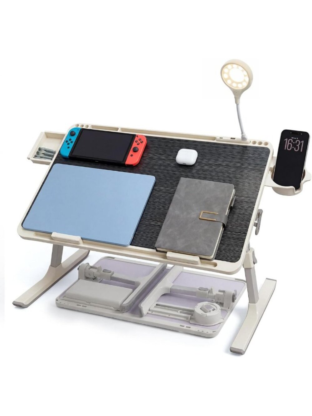 Foldable Adjustable Laptop Bed Table with Hidden Drawer & USB Light - 23.6"x15.7
